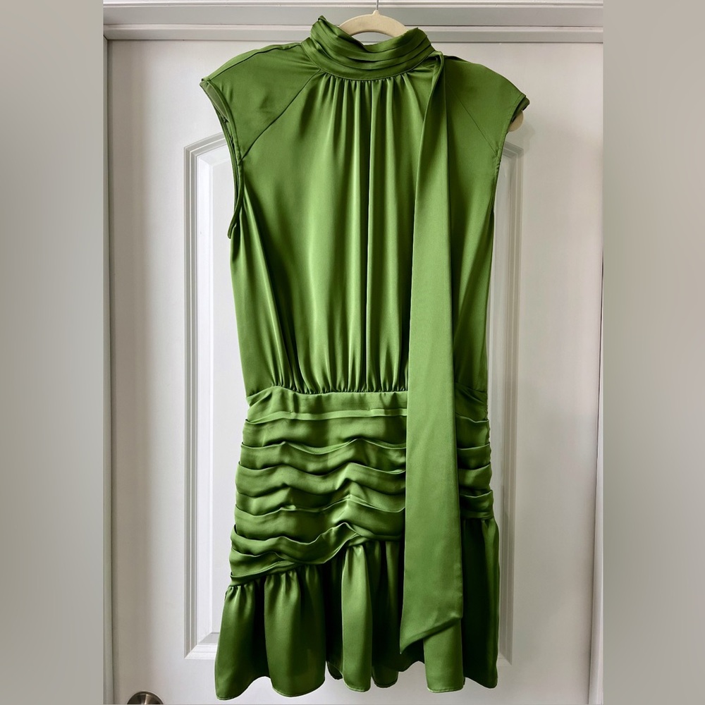 (New) Ramy Brook Ally Green Satin Ruched Mini Dress - Picture 3 of 8